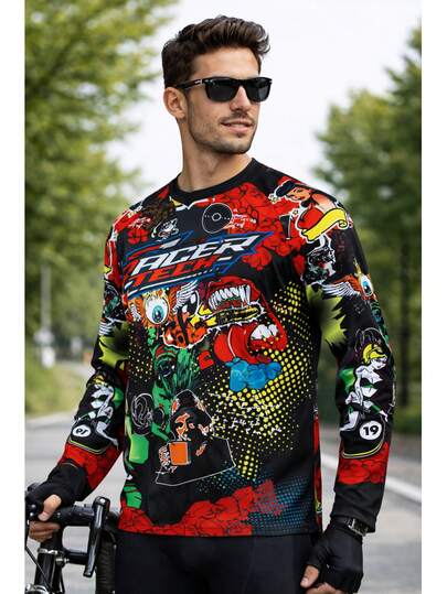 TELEYI Men's Letters Print Cycling Jersey, Active Long Sleeve V Neck Cycling T-Shirt For Biking Riding Sports Spring