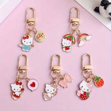 SANRIO Set Of 5 Pieces Gift For Her/Him Hello Kitty Pendant Keychain - Cartoon Design With Cupid, Lucky Symbols, Bows, Hearts, Strawberries, And Rainbow Decorations - Y2G Style Perfect Couple Gift - Multicolor - View 9