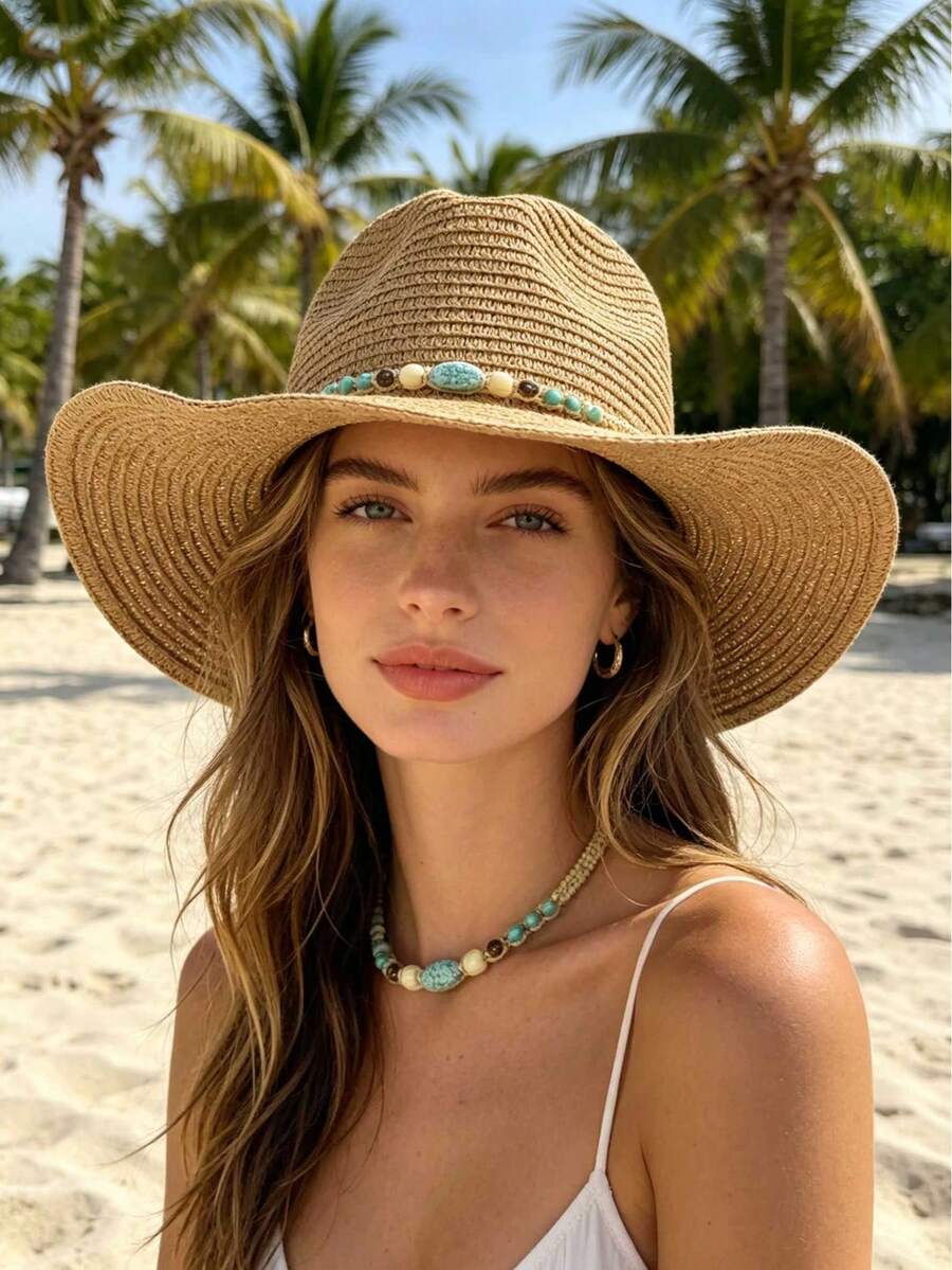 Mũ cao bồi rơm dành cho nữ, kiểu dáng đi biển, với vành mũ có dây màu ngọc lam - dây chắn gió, mũ chống nắng kiểu miền Tây, có chức năng chống nắng, nhẹ và có thể gấp gọn. - Nhiều màu - Xem 1