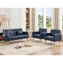 Leather Loveseat and Accent Chair Set of 2 Mid-Century Modern Tufted Small Love Seat Couch and Chair Set with USB and Pockets 3 Pieces Living Room Furniture Sets Blue 3 - Azul - Ver 2