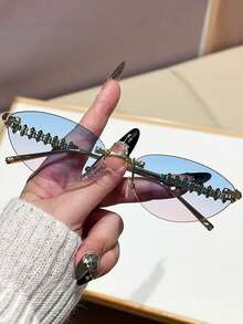 1pc Women's Rimless Edged Triangular Retro Cat Eye Small Frame Oceanic Lens, Rivet Metal Temples Hip-Hop Street Fashion Elegant Unisex Stylish Fashion Glasses, Suitable For Beach, Seaside, Vacation, Travel, Driving, Camping, Outdoor Activities - Multicolor - View 9