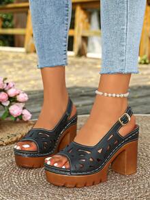 1 đôi sandal cao gót mới, thoải mái và đa năng, phù hợp để đi chơi, đi nghỉ mát, dự tiệc. - màu đen - Xem 3