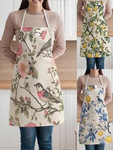 1pc, Flowers And Little Birds Pattern Polyester Apron, Suitable For Cooking, Baking, And Gardening - Can Be Used As Attire For The Kitchen And Dining - Multicolor - View 1