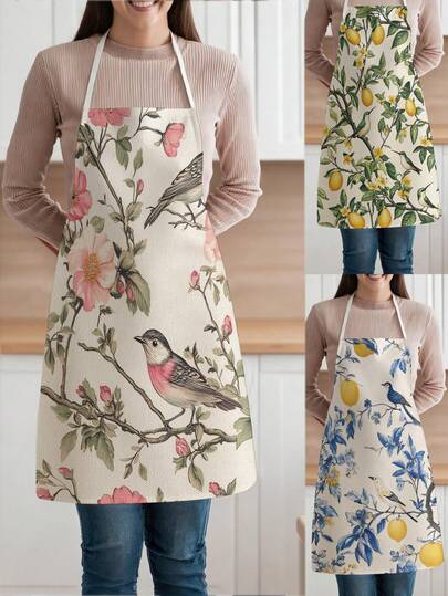 1件，花鸟图案涤纶围裙，适合烹饪、烘焙和园艺——可作为厨房和餐厅的服装。