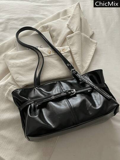 Fashionable New Solid Color Large Capacity Commuting Texture Elegant Handbag, Classic Versatile Hardware Belt Buckle Decoration Personalized Women's Shoulder Bag, Suitable For Shopping, Wallets, Shopping, Young Women, College Students, Newcomers, White-Collar Workers. They Are Very Suitable For Offices, Universities, Work, Business, Commuting, Outdoor Activities, Travel, And Outings