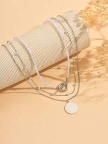 3pcs/Set Faux Pearl Disc Pendant Necklace, Handmade Beaded Choker Necklace, Versatile Multi-Layer Necklace For Women, Suitable For Daily Wear. The Chain Length Can Be Customized, Bead Quantity May Vary. - Multicolor - View 3