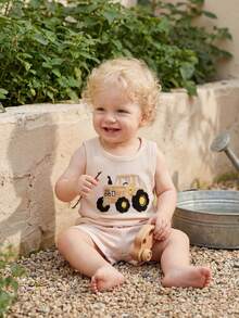 2Pcs Summer Outfits Sleeve Tractor Embroidery Tops + Shorts Set Toddler Clothes - Beige - View 4