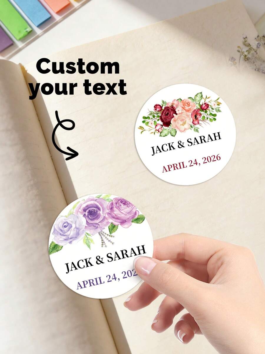 12/24/40 pièces Autocollants de cercle de mariage floral avec texte personnalisé, autocollants de mariage aquarelle rose personnalisés, noms de couple personnalisés et date de décoration, autocollants de fleurs romantiques pour invitations/souvenirs/cadeaux de retour pour les invités, parfait pour le mariage, la douche de mariée, la fête de fiançailles, cadeau unique pour la mariée, le marié, les décorations de mariage, les faveurs de mariage pour les invités - Multicolore - Voir 1