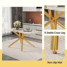 Table And Chair Set. 63" X 35.4" Luxurious White Marble-Patterned Tempered Glass Dining Table.Paired With 6 BLACK PU Material High Resilience Dining Chair With Metal Gold Leg. - Black + White+Gold + Breathable PU Leather + Glass+Metal + Seats 61 - View 7