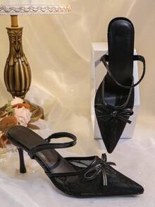 Sandalias de tacón alto con punta puntiaguda y cristales negros para mujer, elegantes tacones altos con lazo para fiestas de noche, trabajo - Negro - Ver 7