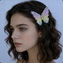 2个闪亮渐变蝴蝶发夹，饰有亮片网纱和水钻，仙女风日常及节日发饰 - 彩色 - 查看 3