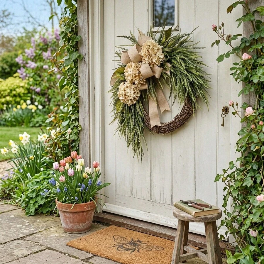 23.62 Inch Hydrangea & Eucalyptus Wreath With Bow Rustic Farmhouse Door Wall Decoration, Beige/Flowers & Green Foliage, Durable Plastic Frame For Front Door, Thanksgiving, Halloween, Christmas, Fall Decor, Room Decor - Rượu sâm banh - Xem 1