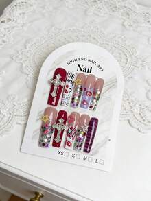10 piezas de uñas postizas de lujo con estampado de estrella francesa y labios rojos, adecuadas para niñas, vacaciones, bodas y fiestas - Multicolor - Ver 9