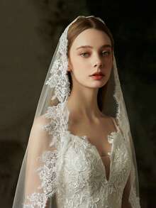 1pc Vintage Romantic Lace Eyelash Bridal Veil, Fashion Photo Shoot Wedding Veil, Lace Trim Veil, Wedding Accessories - White - View 3