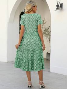 Women's Short Sleeve Round Neck Ruffle Waist Pocket A-Line Floral Midi Dress, Summer Vacation Elegant - Green - View 3