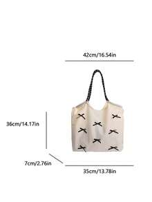 New Women's Beige Bow Decor Tote Bag, Large Capacity Drawstring Closure Shoulder Bag, Commute Gentle Style Girly Handbag - White - View 3