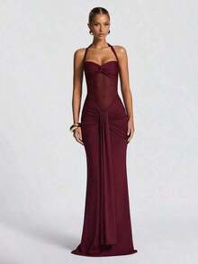 Sexy Spaghetti Strap Backless Waist Cinched High Slit Dress, Mesh Patchwork Vacation Party Dress Women's Fishtail Slim Fit Slip Dress Elegant Long Prom Dress For Spring & Summer - Màu Đỏ Sâu - Xem 3