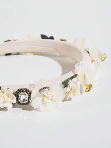 1件优雅春日色彩花朵发箍，韩式水钻雪纺山茶花发圈，适合夏季女士佩戴旅行配饰发带头饰 - 米色 - 查看 3