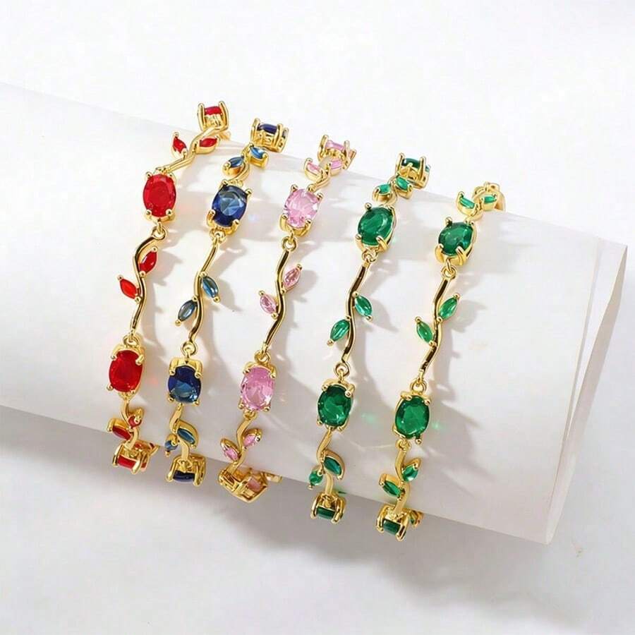Vòng tay mạ vàng sang trọng đính đá Cubic Zirconia, thiết kế lá dây leo thanh lịch, vòng tay khảm pha lê nhiều màu sắc, trang sức thời trang dành cho nữ, món quà hoàn hảo cho các bữa tiệc và sử dụng hàng ngày.