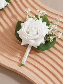 6/1件装白色玫瑰胸花，配满天星，逼真丝绸花朵翻领别针，适用于新郎、伴郎、婚礼、舞会、周年纪念、返校节、乡村秋季场合 - 白色 - 查看 2