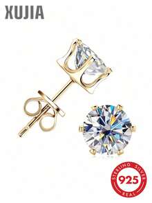 XUJIA 1 Đôi bông tai bạc 925 Sterling hình vương miện 6 chấu đính đá Moissanite, kích thước 3mm/4mm/5mm/6.5mm/8mm/9mm, đá tròn cổ điển màu D, độ tinh khiết VVS1, mạ vàng, quà tặng trang sức - Vàng - Xem 2