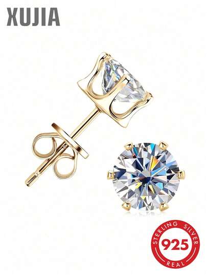 XUJIA 1 Đôi bông tai bạc 925 Sterling hình vương miện 6 chấu đính đá Moissanite, kích thước 3mm/4mm/5mm/6.5mm/8mm/9mm, đá tròn cổ điển màu D, độ tinh khiết VVS1, mạ vàng, quà tặng trang sức