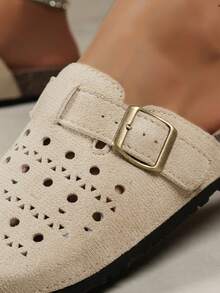 1 Pair Solid Color Casual Hook And Loop Hollow Sandals, Suitable For Indoor And Outdoor Wear, All Seasons - Beige - View 6