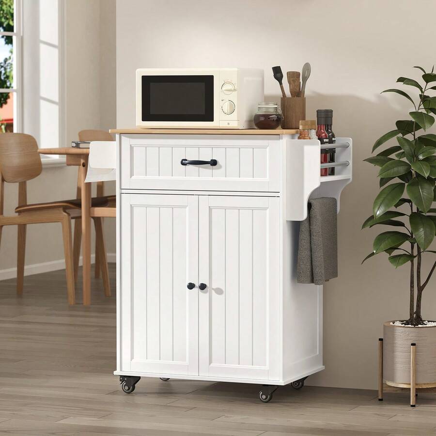 Rolling Mobile Kitchen Island Cart With Drawer Cabinet Spice Towel Rack With Wheels & Adjustable Shelves - White - View 1