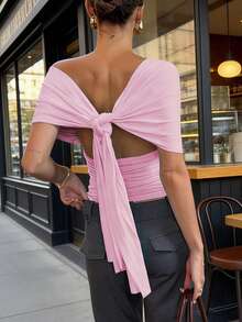 Top corto liso de verano para mujer, sin mangas, con escote en V profundo, corte ajustado, ideal para fiestas y playa. - Rosa - Ver 3