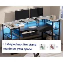 58 Inch Computer Desk with Monitor Stand and Shelves Gaming Desk with LED Lights and Power Outlets PC Vanity Table with 2 Drawers for Home Office Pink - Rosa - Ver 6