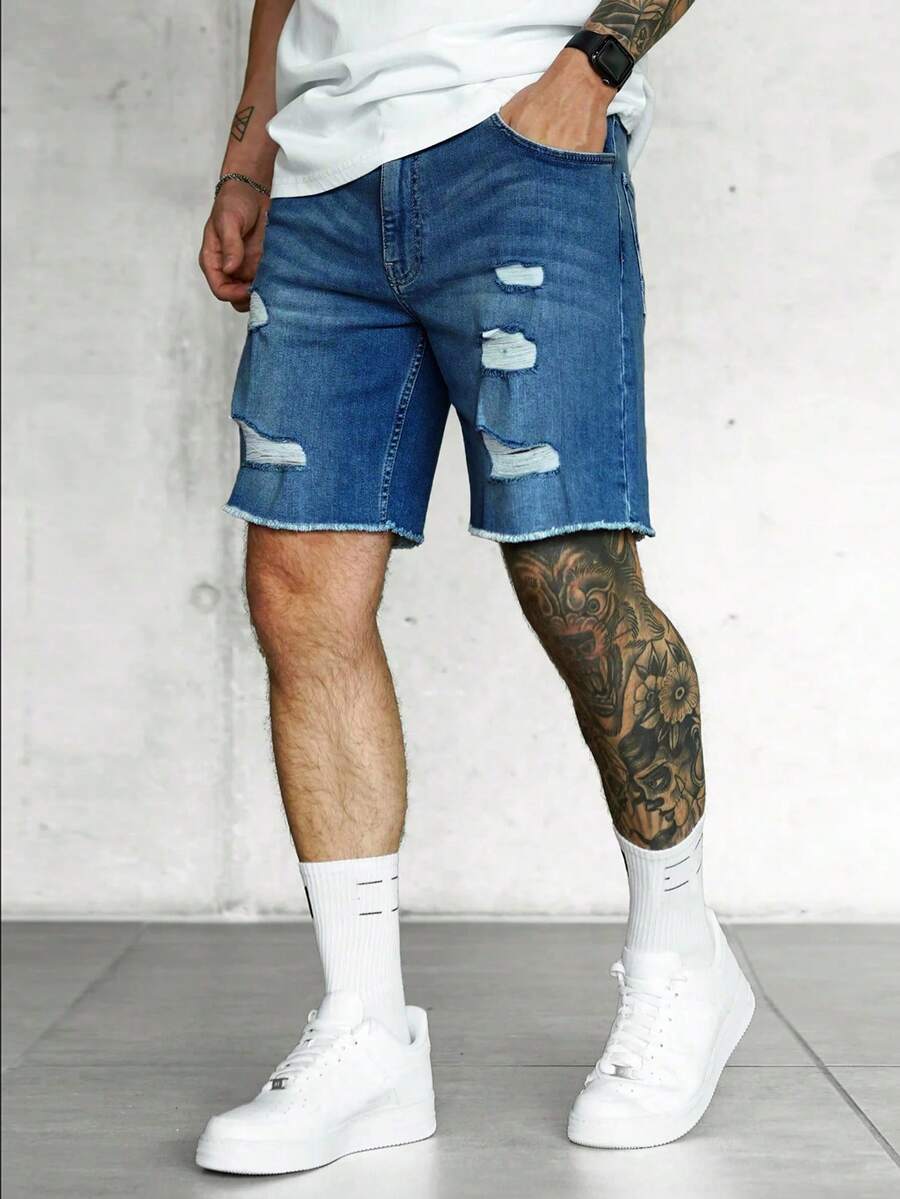 Men's Fashionable Frayed Ripped Casual Denim Shorts For Summer - Dark Wash - View 1