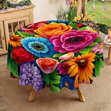 1pc 2D Floral Print Round Tablecloth, Colorful Blooming Wavy Edge, Polyester Dining Table Cover For Family Gathering, Party, Picnic, Outdoor Wedding, Indoor & Outdoor Use, Gift For Loved Ones - Multicolor - View 7