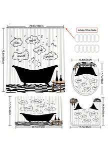 1/4 Set Black & White Bathtub Relaxing Bubble Print Bathroom Shower Curtain Set; Minimalist Artistic Style, Waterproof ; Includes 12 Hooks, Toilet Seat Cover, Bath Mat & Rug; Made Of High-Quality Washable & Mildew-Resistant Plastic Material. - Multicolor - View 11