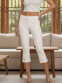 Y2K Women's Low Rise Capri Pants, Solid/Polka Dot Print Slim Fit Spring Summer Cropped Trousers For Casual Wear - 象牙白 - 查看 3