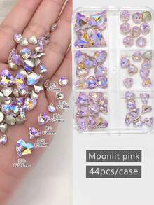 Caja con 6 compartimentos de fondo puntiagudo con diamante de imitación, decoraciones de diamante de imitación para manicura, accesorios para uñas con forma de corazón y octágono en rosa y champán, piedras decorativas para uñas, suministros de manicura - Multicolor - Ver 8