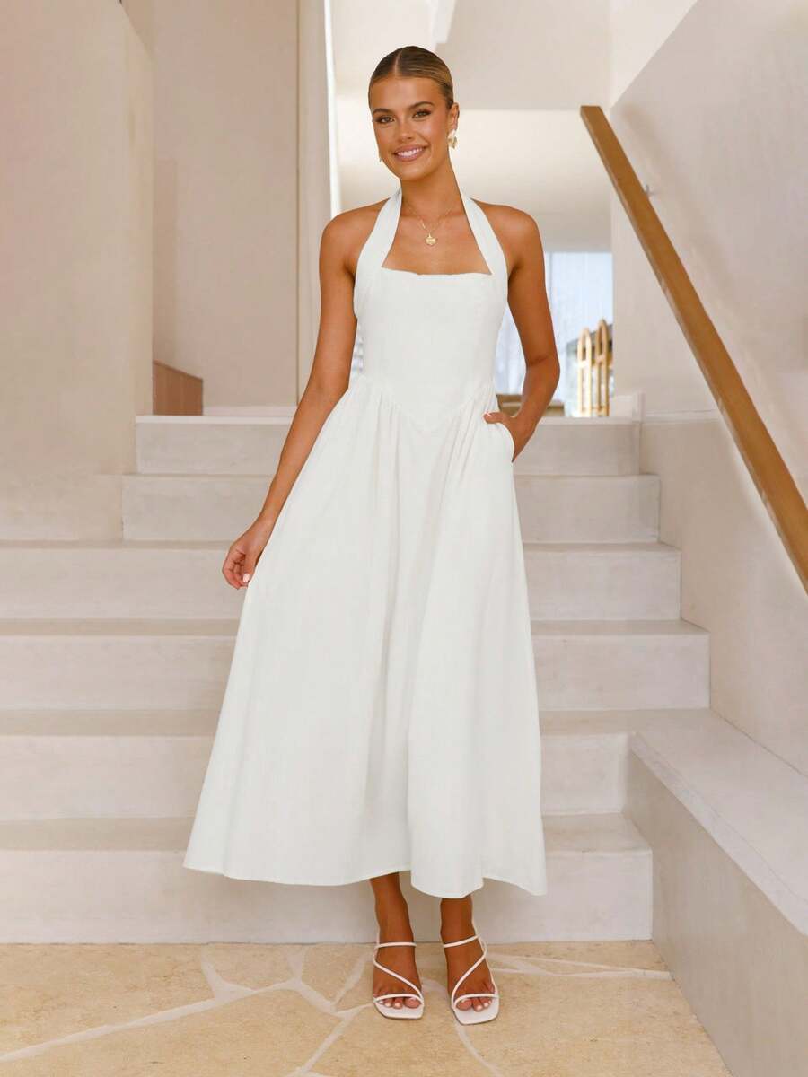 Women's 2026 New Elegant Solid Color Square Neck Waist-Cinching Halter Neck Backless Dress - White - View 1