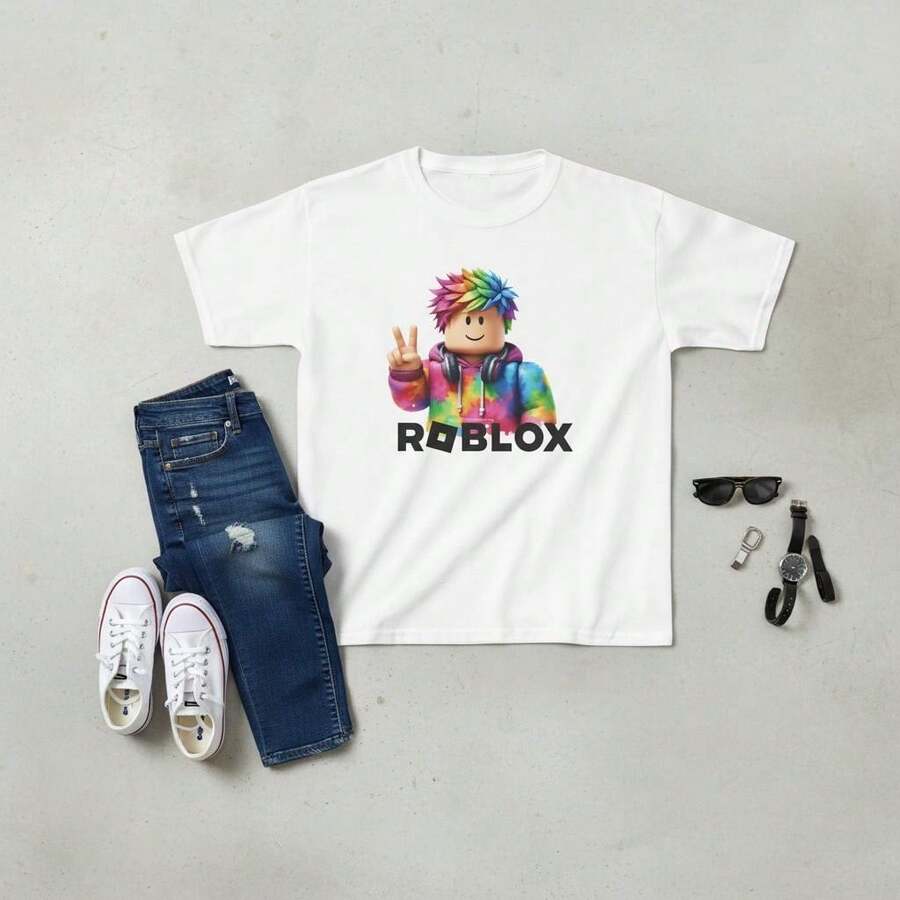 Roblo Gamer Kids T-Shirt - Rainbow Tie Dye Peace Sign Tee - 白色 - 查看 1