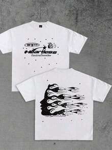 Double-Sided Digital Flame Face Printed T-Shirt With "" Motif Breathable T-Shirt |   Avant-Garde Casual Wear 1Pcs Casual Soft Short Sleeve Pure 100% Cotton 220gsm ETLF - 白色 3 - 查看 14