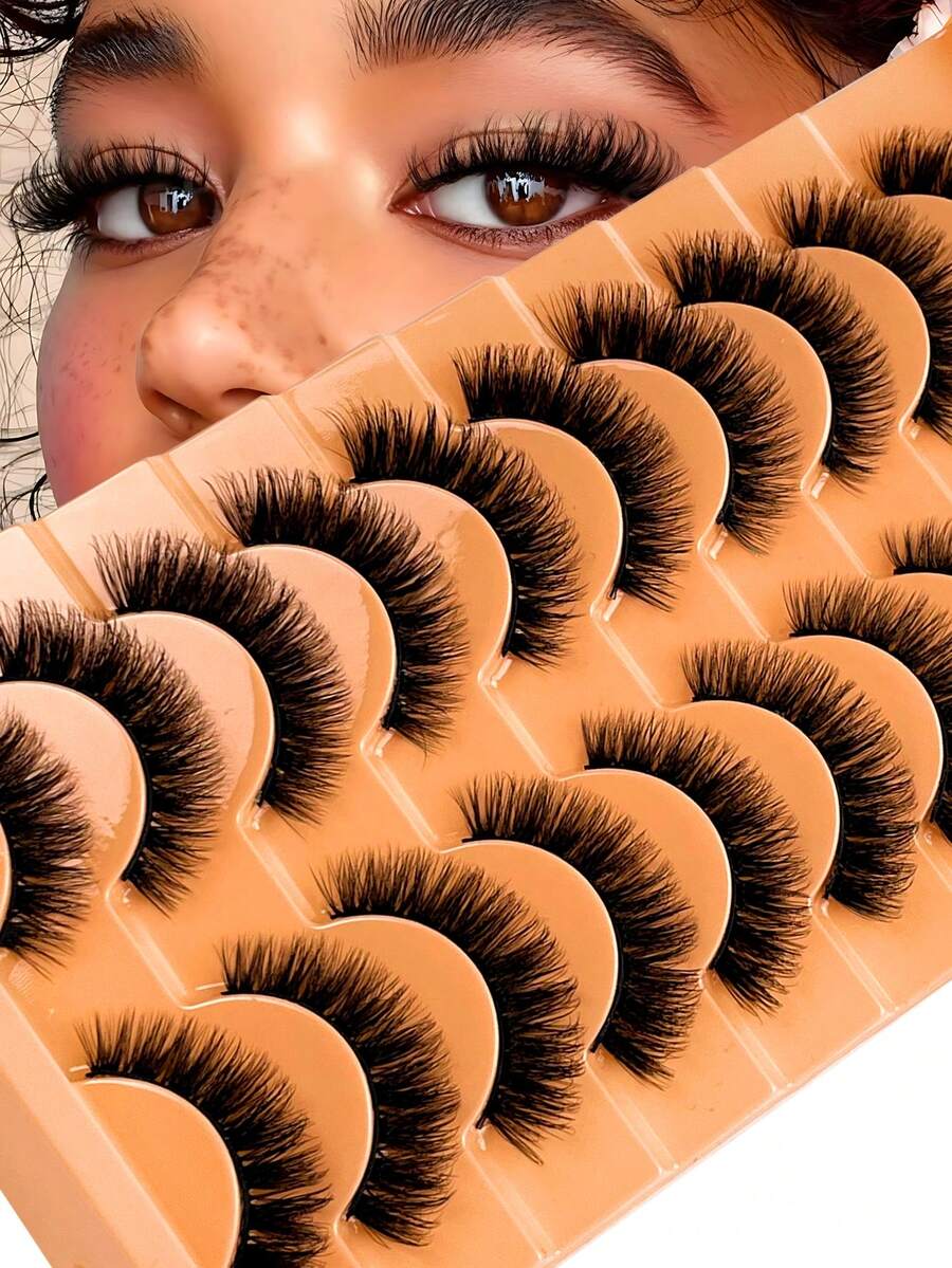 10对猫眼假睫毛/3D水貂毛假睫毛，自然妆效，经典俄式浓密睫毛，水貂毛假睫毛条/柔软假睫毛条套装 - 黑色 - 查看 1