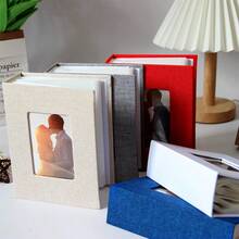 亚麻布相册，带透明前窗，可容纳100张4x6照片，精装相册，适用于家庭、婚礼、宝宝回忆，剪贴簿照片整理器 - A - 查看 6