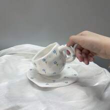 Cốc cà phê và đĩa sứ họa tiết hoa hồng, cốc vẽ tay, cốc sứ thời trang dùng cho gia đình, bữa sáng, sữa, quà tặng Giáng sinh - Hoa nhỏ màu xanh - Xem 7