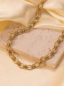 1pc Girl's Necklace, Waterproof Beach Vacation Layered Style, Stainless Steel Hollow Oval Handmade Chain Necklace, Daily Accessory Gift (Chain Length And Bead Quantity Random) - Yellow Gold - View 3