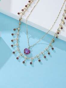2 piezas/set Collar con colgante de circonita brillante de color púrpura con diseño de amor, estilo dulce y moderno Y2K para mujer, collar de cadena para la clavícula, joyería para fiestas y uso diario - Collar 1 - Ver 10