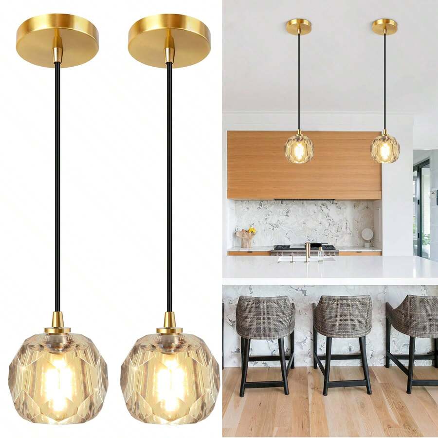 CANMEIJIA Lámparas Colgantes de Techo Modernas 2 Pack,Lamparas Colgantes de techo Cristal Decorativa,Vintage Luz Colgante para Cocina Comedor Recamara Sala de Estar(Sin Bombilla) - Dorado - Ver 1