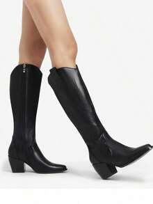 Knee High Boots Women, Pull On Zipper Chunky Heel Pointed Toe Party Embroidered Western Cowgirl Cowboy Boots - 黑色 - 查看 8