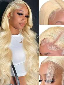 32英寸 13x4 高清透明蕾丝前额假发，女士蕾丝前额假发，新手友好型 #613 金色波浪卷发，200% 密度前额假发，预先拔毛，大面积蕾丝前额，自然黑色假发，日常派对假发 - S613 - 查看 8