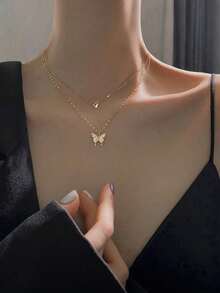 1pcs Double-Layered Gold-Tone Butterfly Necklace With Rhinestones, Alloy Material, Perfect Gift For Girlfriend - 金色 - 查看 2