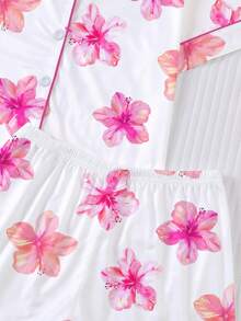 2pcs/Set Wearable Tween Girl Pajama Set, Hawaiian Floral Print, Soft Fabric, Short Sleeve Shirt With Collar & Button, Elastic Shorts, Cute & Fashionable Sleepwear For Holiday Party, Outdoor & Indoor Wear - White - View 6