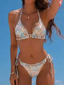 Swim Mod Women's Swimsuit, Two-Piece Bikini Set With Halter Neck, Ruffles And Bow In Solid Color For Summer - 多色 2 - 查看 3