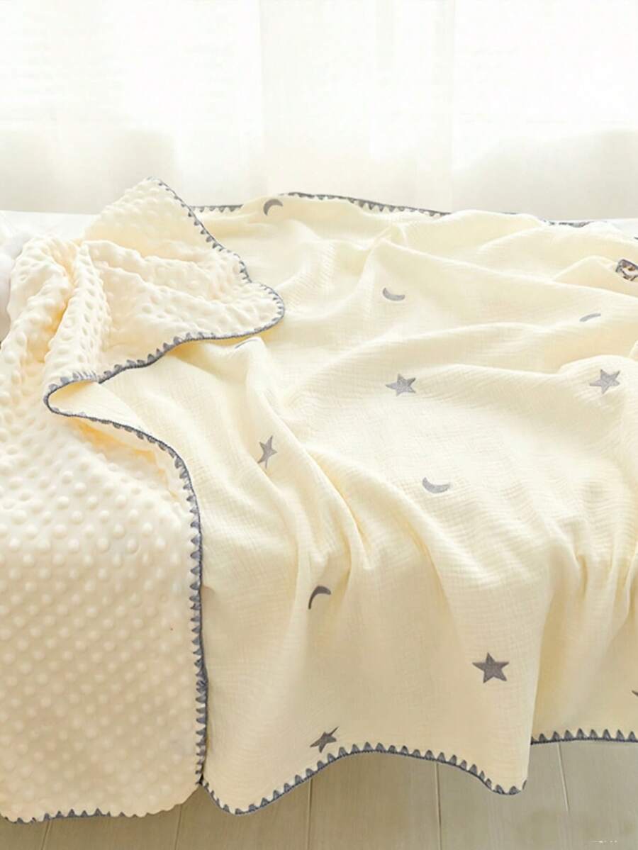 1 pieza Manta de bebé con bordado de estrella y luna, manta de felpa suave y cómoda con pompones, edredón de guardería para niños pequeños, manta de aire acondicionado para niños, chal de oficina para adultos, cubierta para cochecito - bordado de estrellas y luna - Ver 1